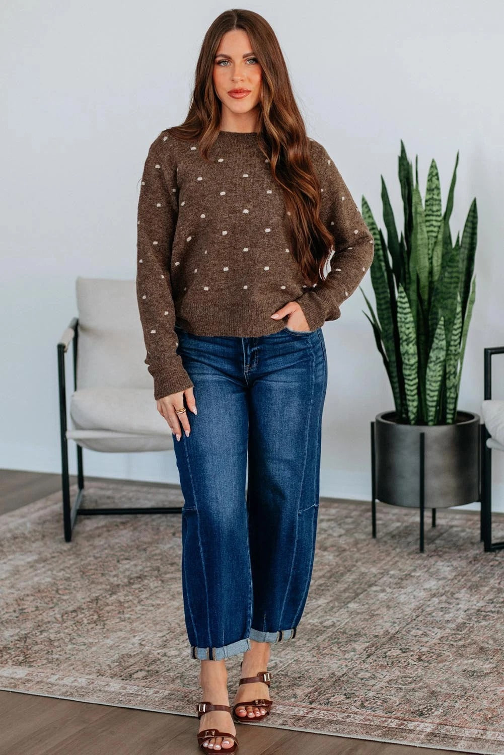 Pull à col rond et manches longues, en jacquard à pois