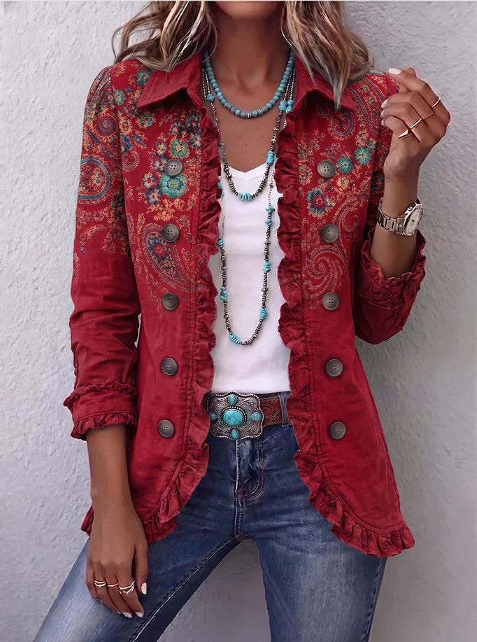 Andrine | Veste bohème-chic à motif floral rétro et bords froncés