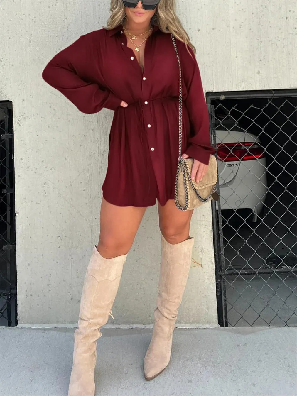 Robe chemise satinée femme marron élégante ceinturée