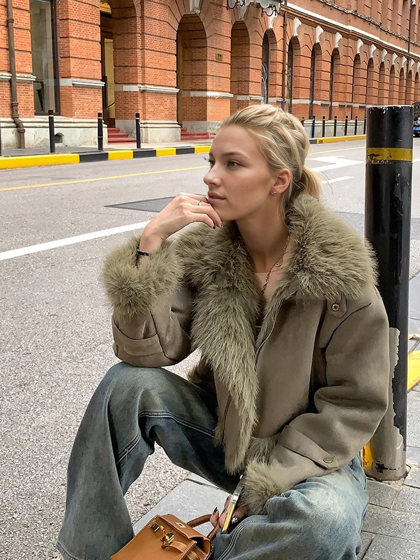 Veste courte  en cuir et fourrure doublée de daim