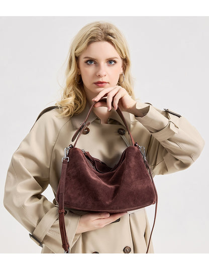 Sac cabas bandoulière en cuir suédé véritable