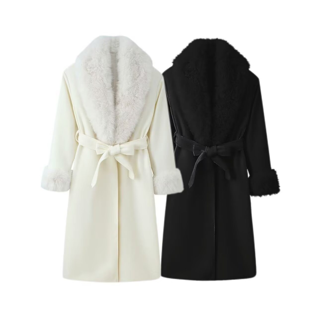 Manteau long chaud uni - col fourrure