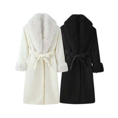 Manteau long chaud uni - col fourrure