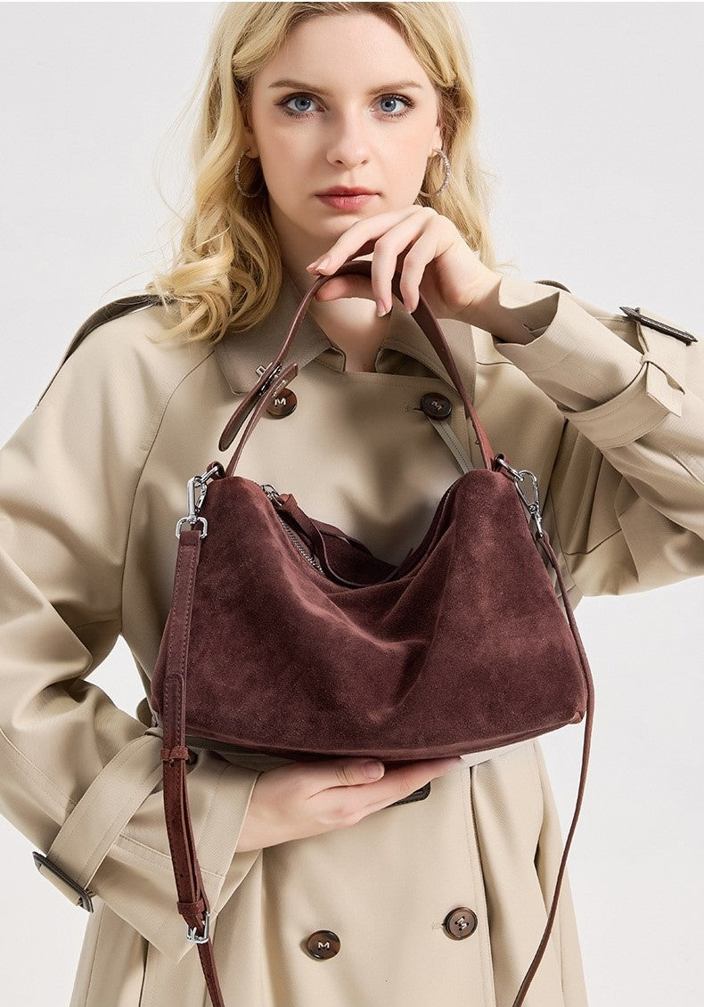 Sac cabas bandoulière en cuir suédé véritable
