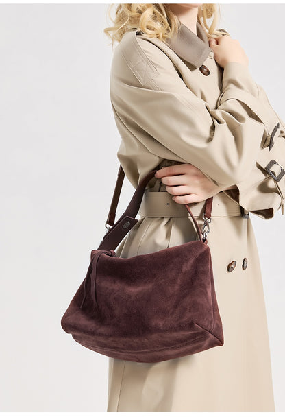 Sac cabas bandoulière en cuir suédé véritable