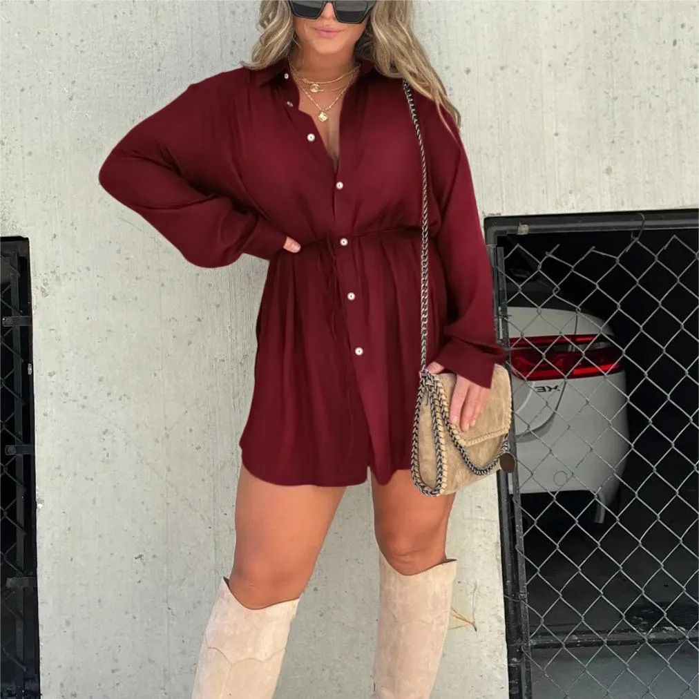 Robe chemise satinée femme marron élégante ceinturée