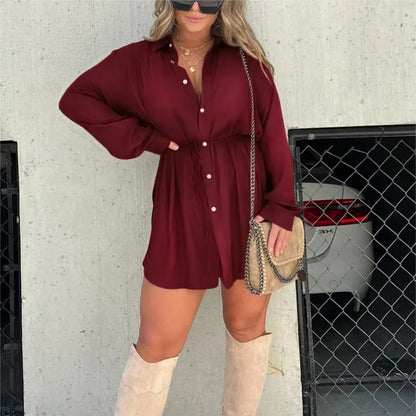 Robe chemise satinée femme marron élégante ceinturée