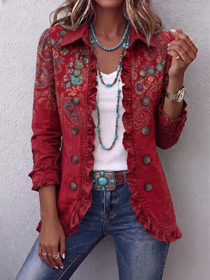 Andrine | Veste bohème-chic à motif floral  rétro et bords froncés