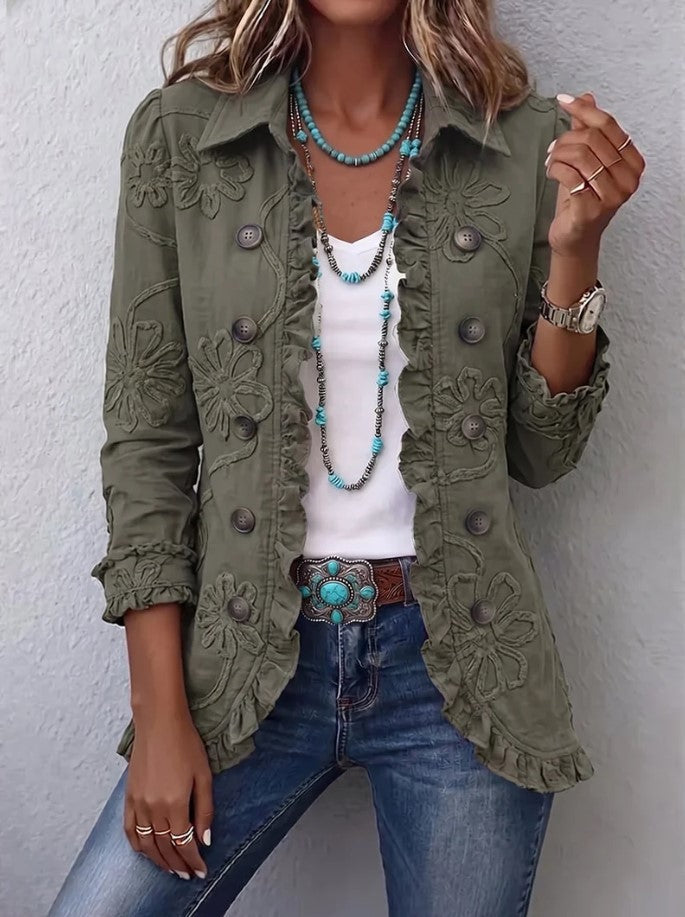 Andrine | Veste bohème-chic à motif floral  rétro et bords froncés
