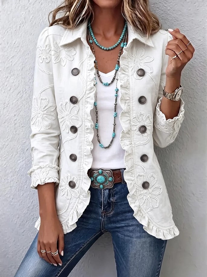 Andrine | Veste bohème-chic à motif floral  rétro et bords froncés