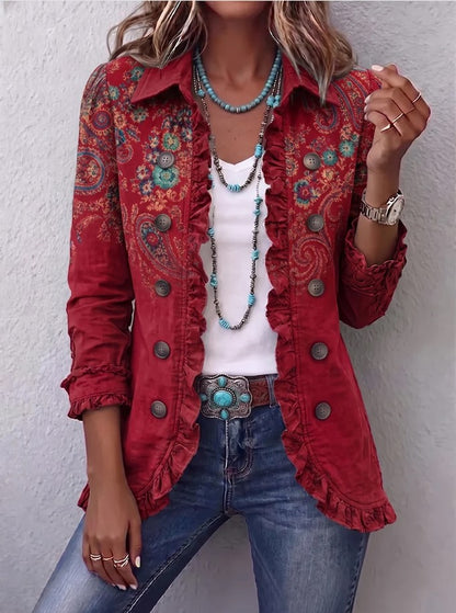 Andrine | Veste bohème-chic à motif floral  rétro et bords froncés