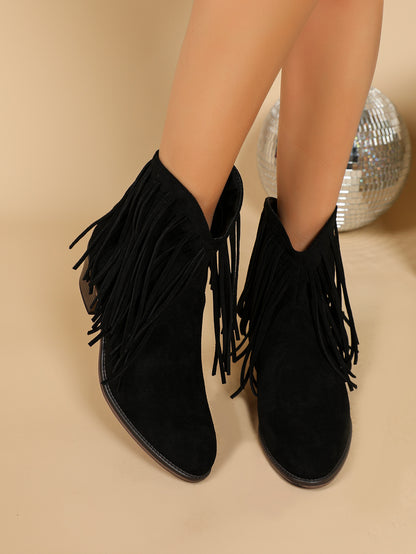 Bottines rétro pour femme à bout pointu – franges et talon épais