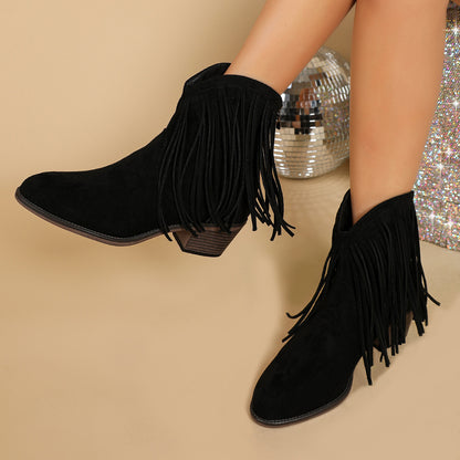 Bottines rétro pour femme à bout pointu – franges et talon épais