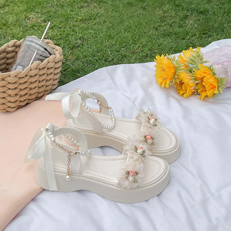 Sandales à Talons Épais avec Noeud en Perles