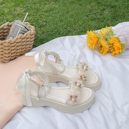 Sandales à Talons Épais avec Noeud en Perles