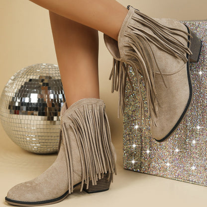 Bottines rétro pour femme à bout pointu – franges et talon épais