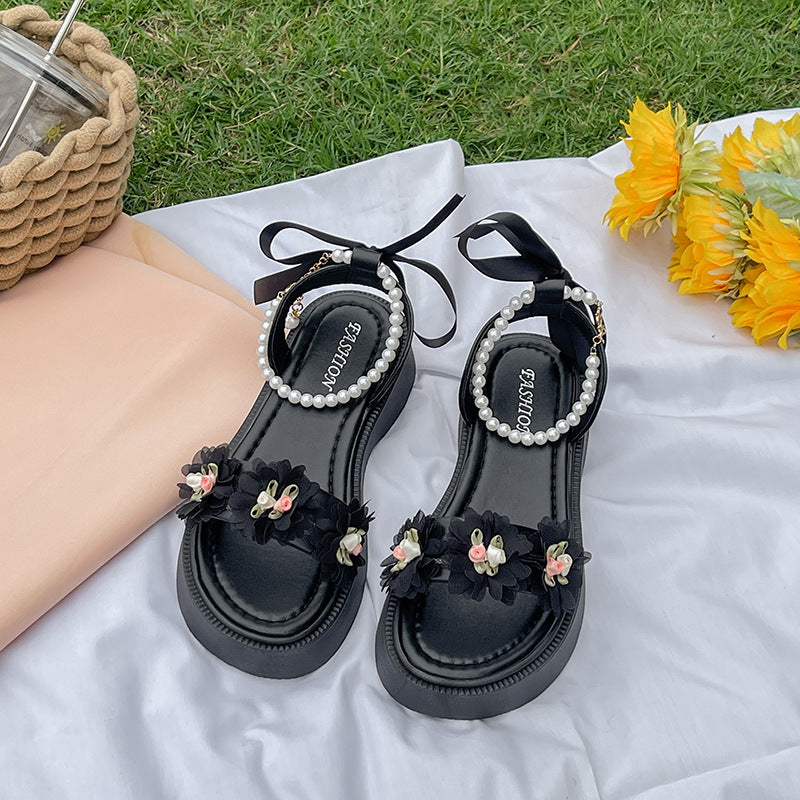 Sandales à Talons Épais avec Noeud en Perles