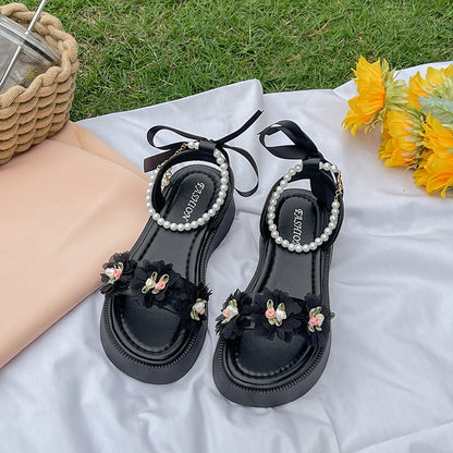 Sandales à Talons Épais avec Noeud en Perles