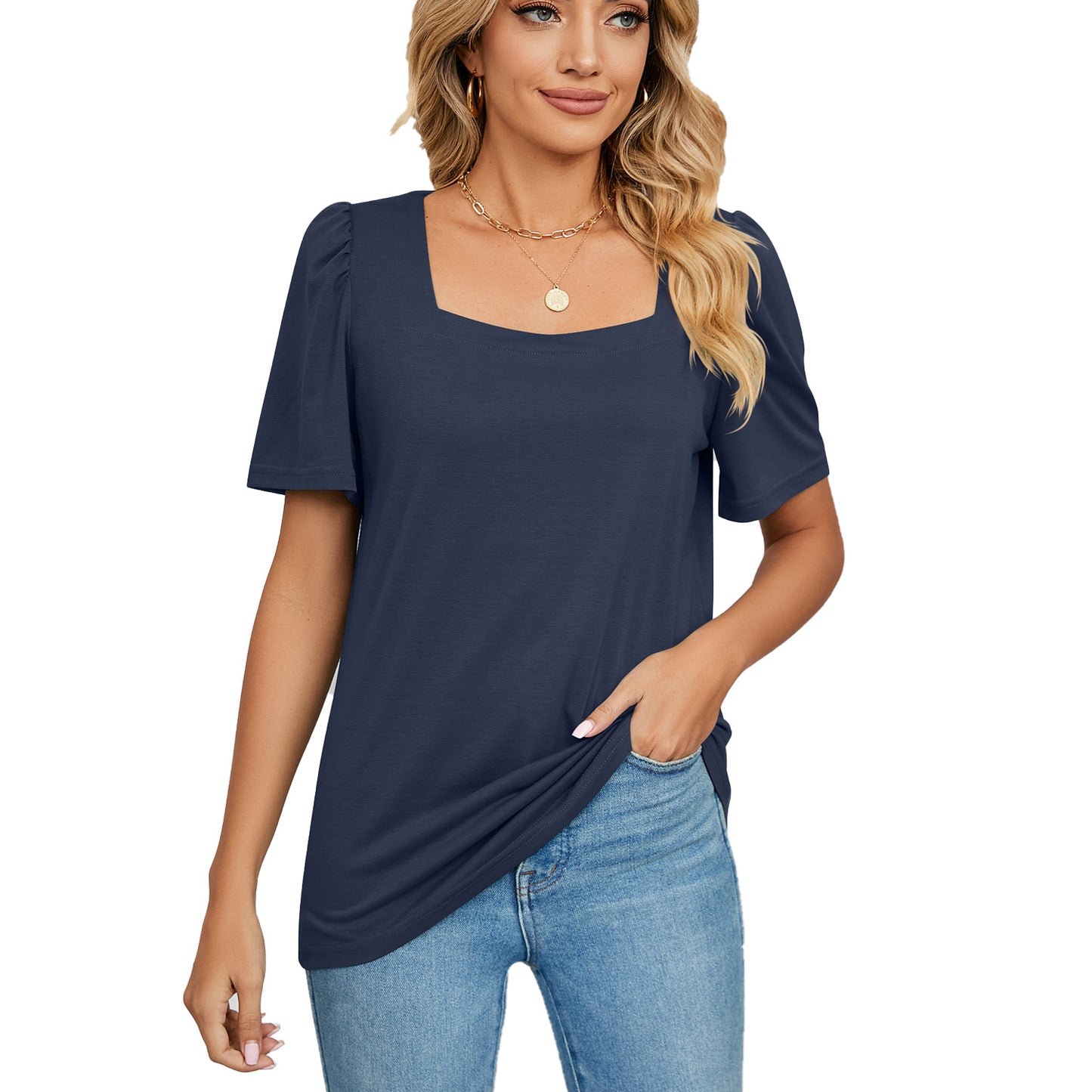 T-shirt en maille à col carré uni