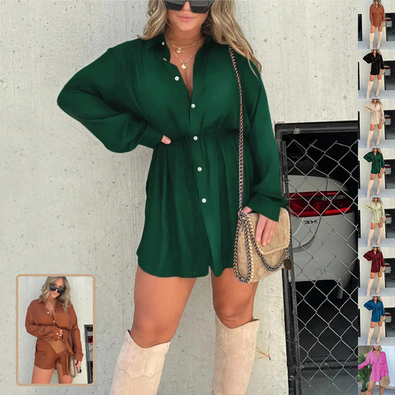 Robe chemise satinée femme marron élégante ceinturée