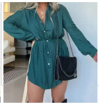 Robe chemise satinée femme marron élégante ceinturée