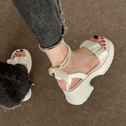 Sandales à Talons Épais avec Noeud en Perles