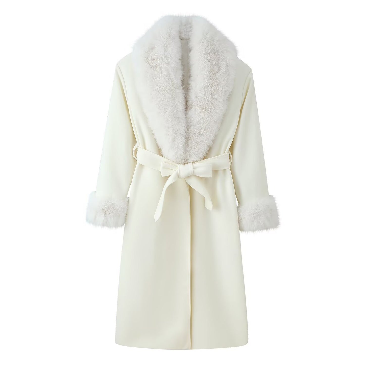 Manteau long chaud uni - col fourrure