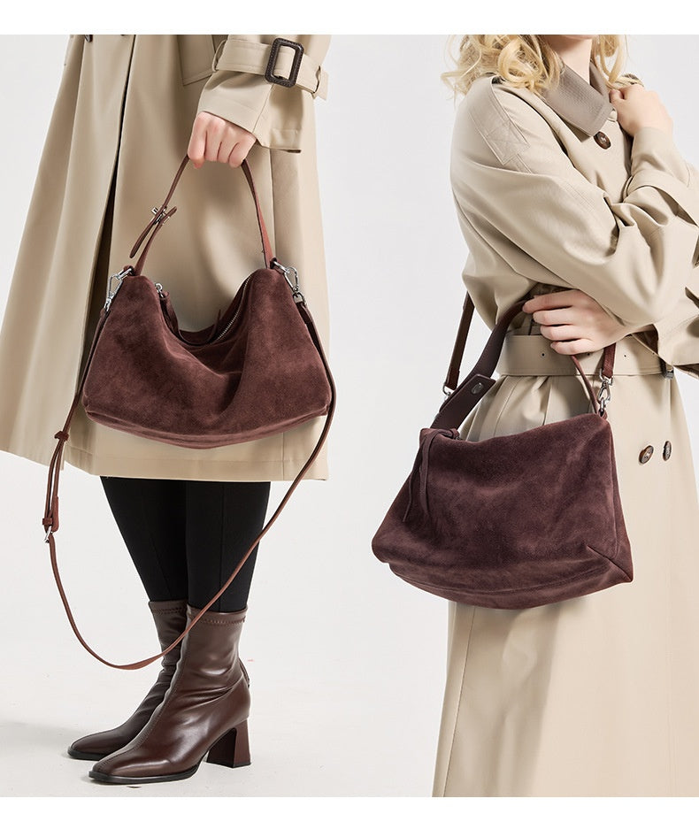 Sac cabas bandoulière en cuir suédé véritable