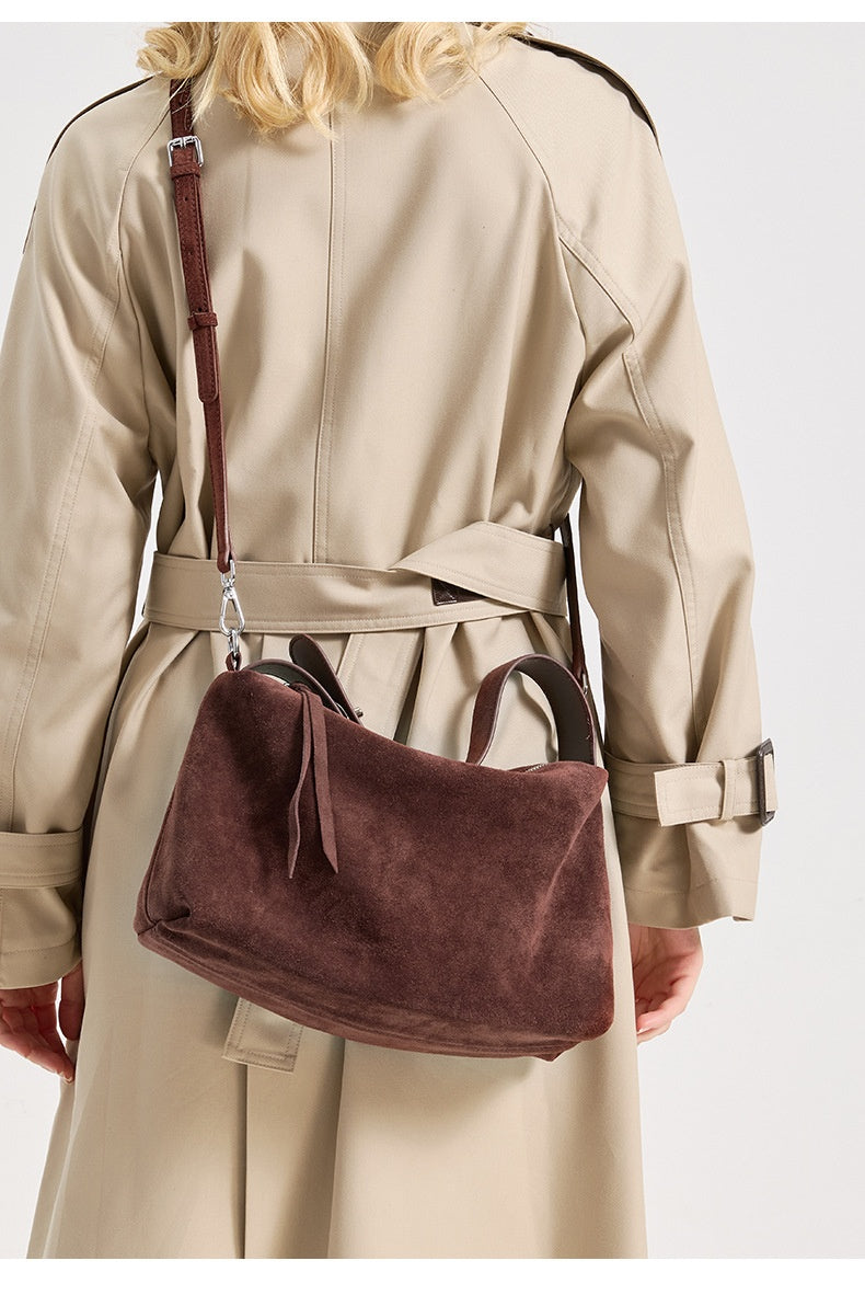 Sac cabas bandoulière en cuir suédé véritable