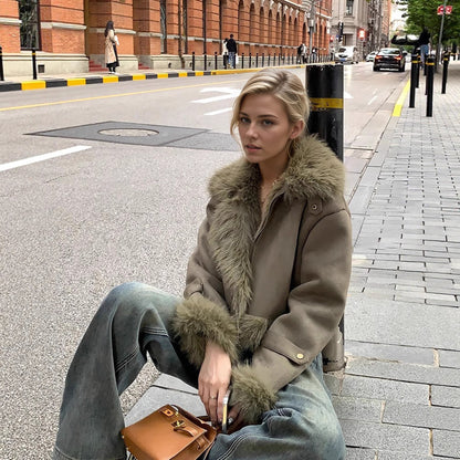 Veste courte  en cuir et fourrure doublée de daim